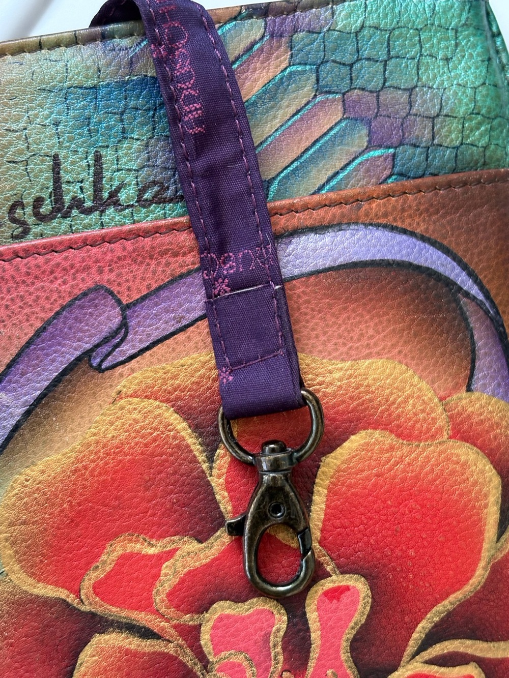 Anuschka Leather Crossbody Purse Floral  Boho Hand-painted Teal Blue & Red - Picture 9 of 10